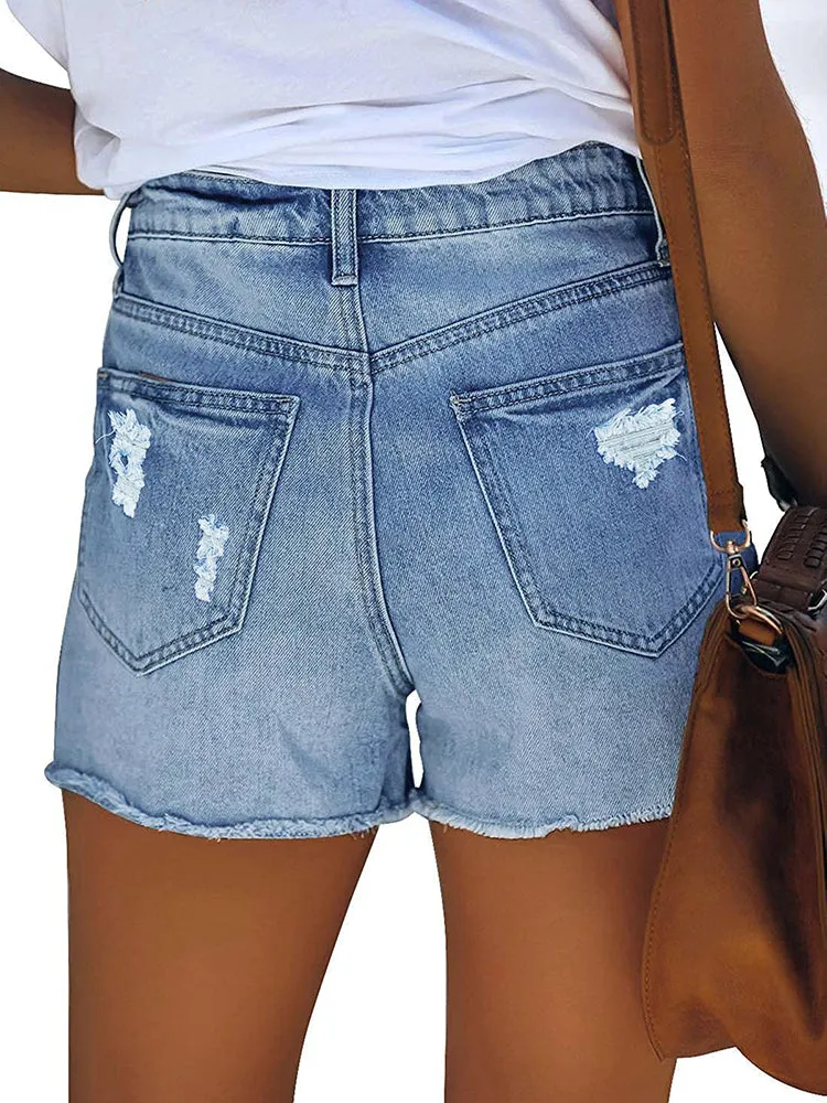 Women's High Rise Denim Shorts Casual Ripped Frayed Distressed Jeans Shorts with Pockets