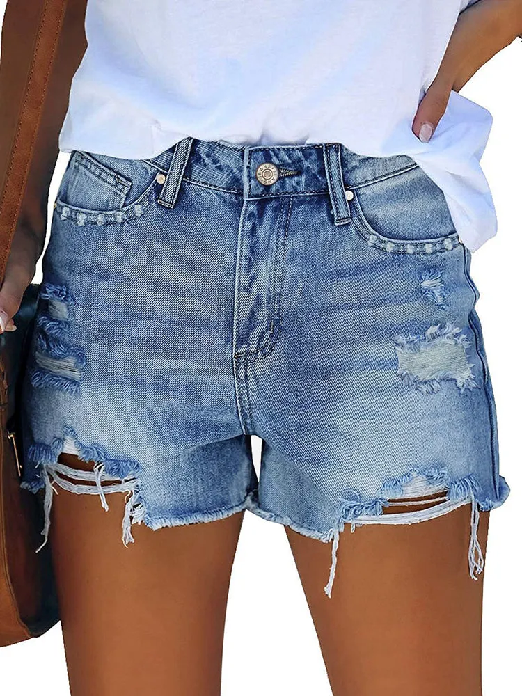 Women's High Rise Denim Shorts Casual Ripped Frayed Distressed Jeans Shorts with Pockets