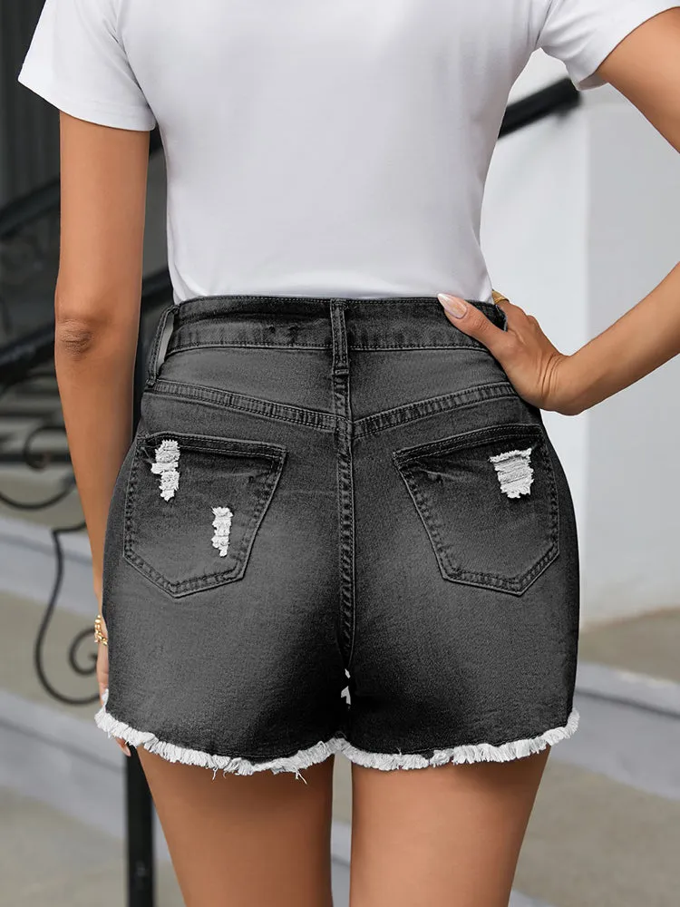 Women's High Rise Denim Shorts Casual Ripped Frayed Distressed Jeans Shorts with Pockets