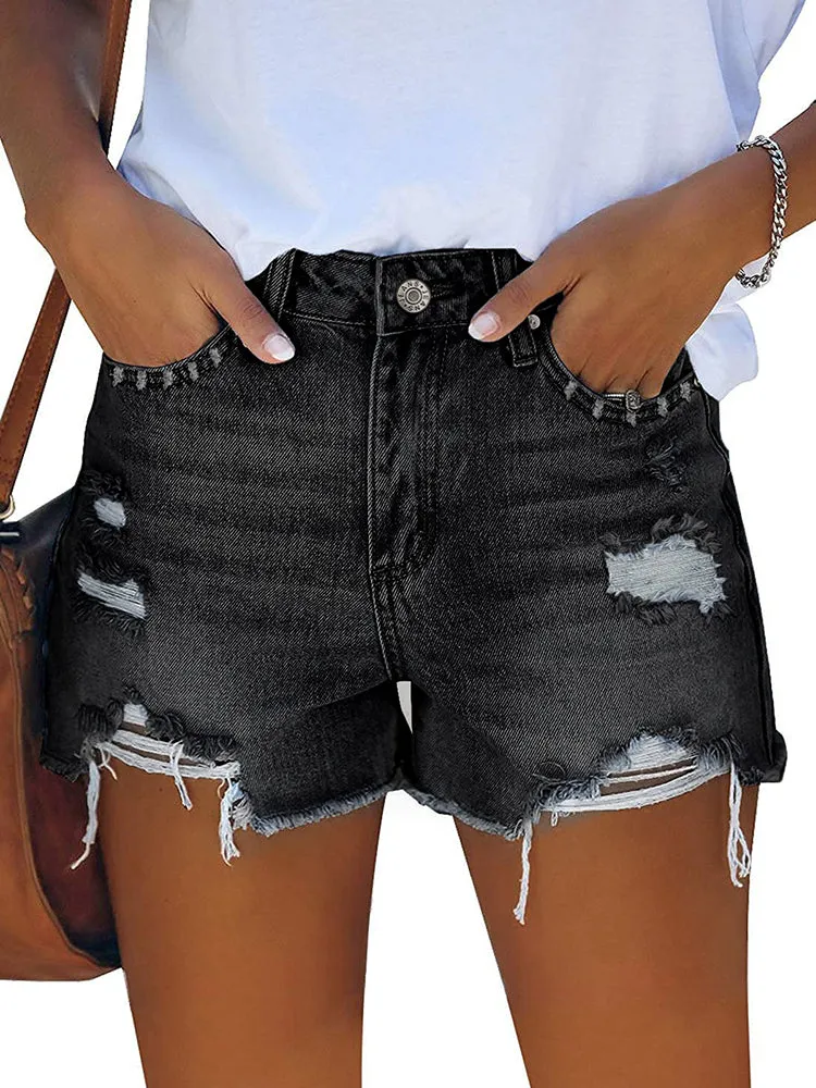 Women's High Rise Denim Shorts Casual Ripped Frayed Distressed Jeans Shorts with Pockets