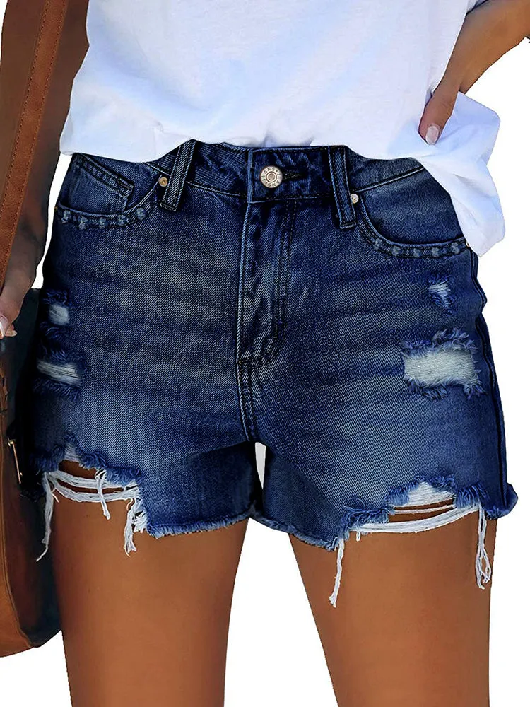 Women's High Rise Denim Shorts Casual Ripped Frayed Distressed Jeans Shorts with Pockets