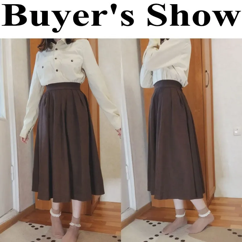 Women's Skirts Vintage High Waist Pleated Skirt Women Long Casual A-line Skirts - WSK0309