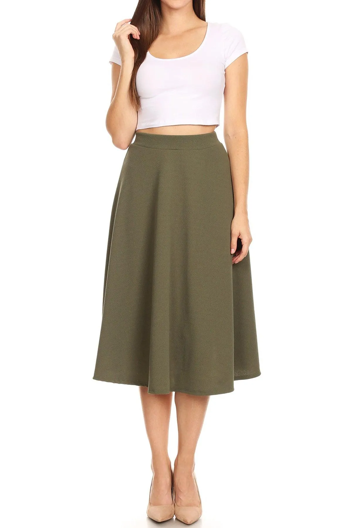 Women's Solid Basic Casual Elastic Waist A-line Flared Midi Skirt S-3XL