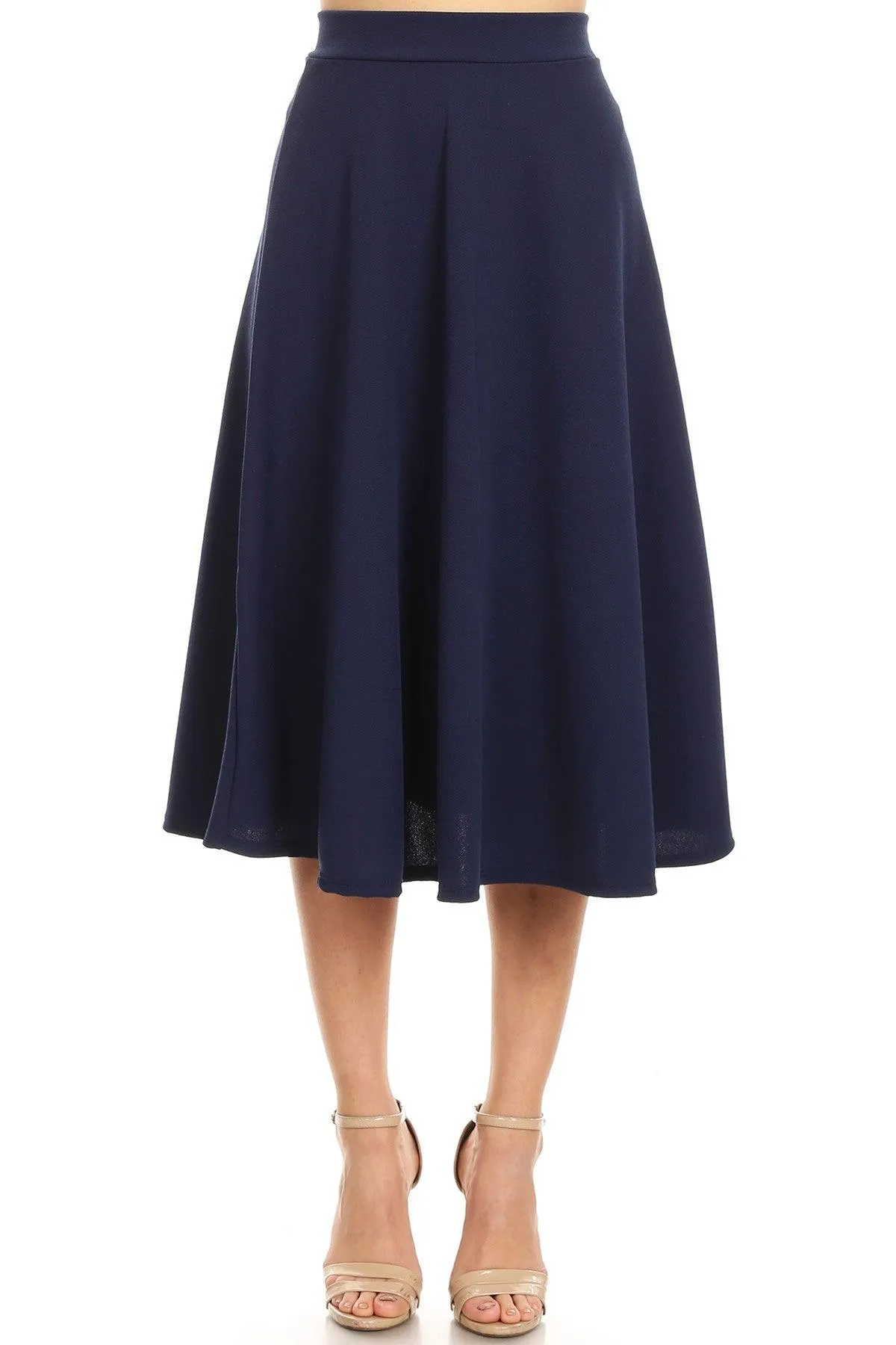 Women's Solid Basic Casual Elastic Waist A-line Flared Midi Skirt S-3XL