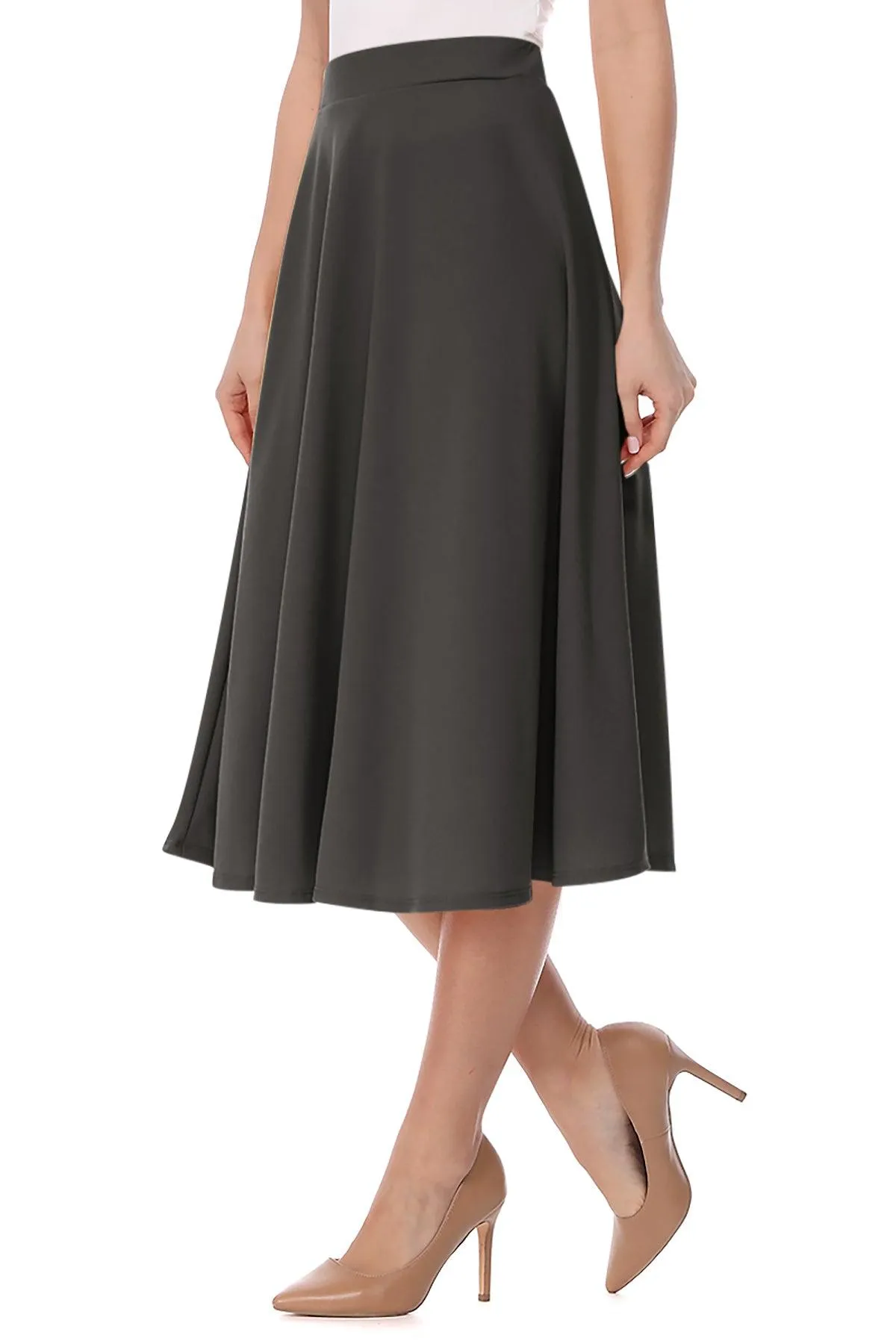 Women's Solid Basic Casual Elastic Waist A-line Flared Midi Skirt S-3XL