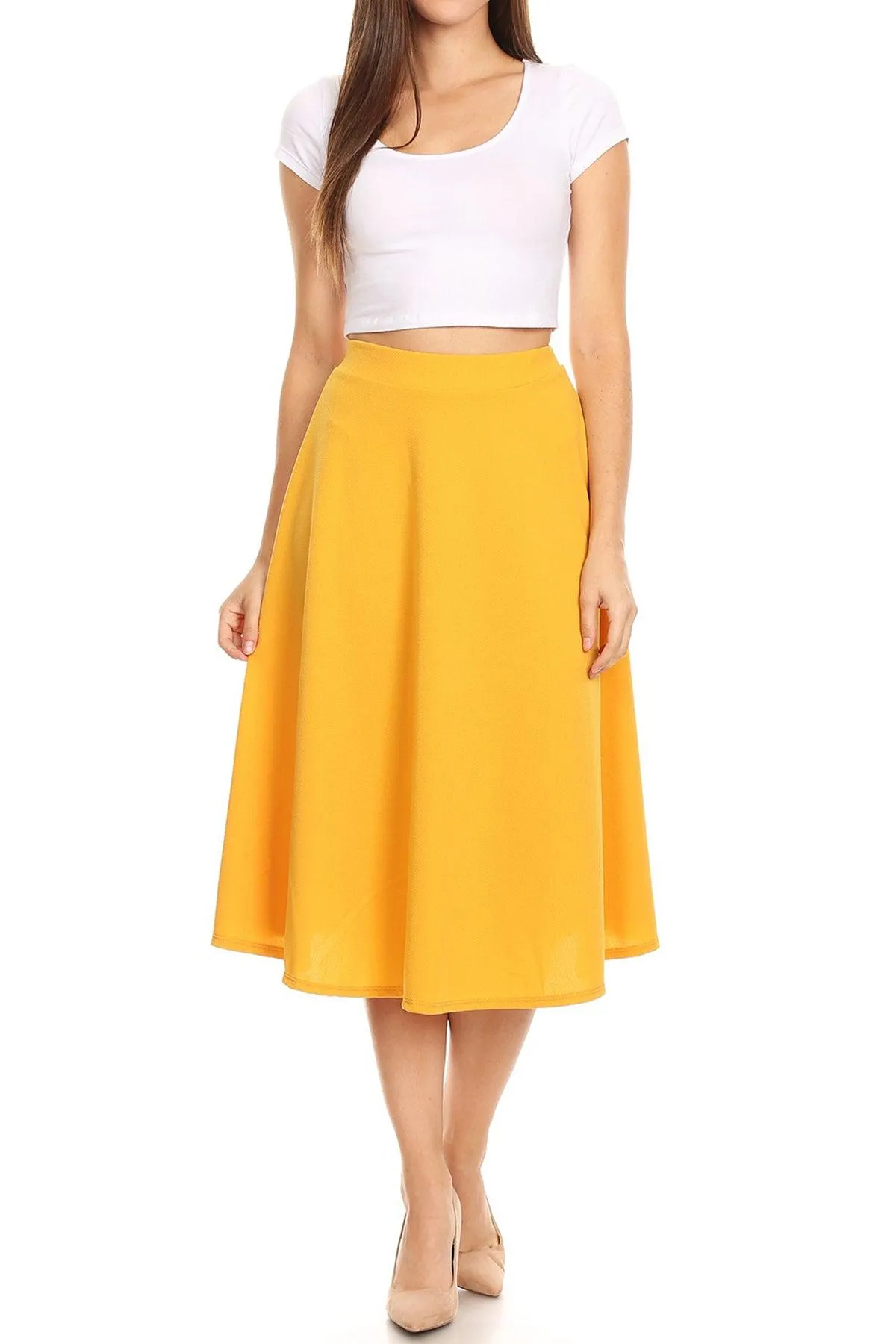 Women's Solid Basic Casual Elastic Waist A-line Flared Midi Skirt S-3XL