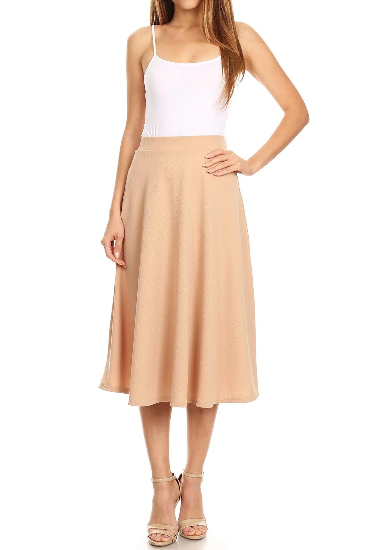 Women's Solid Basic Casual Elastic Waist A-line Flared Midi Skirt S-3XL